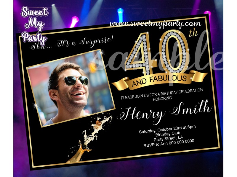 40th and fabulous birthday party invitation with photo gold diamonds club party invitations