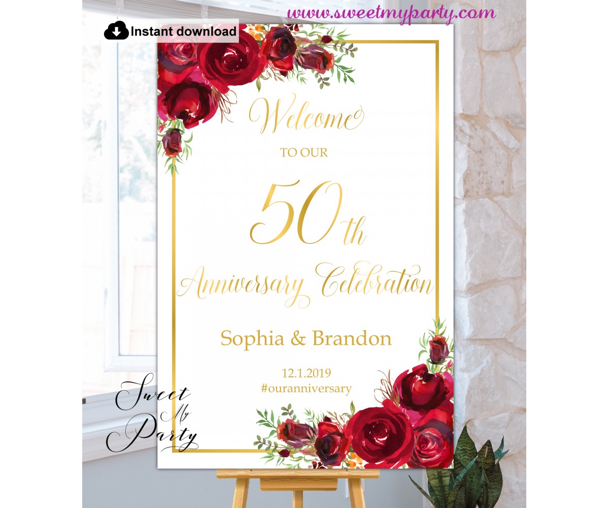 Red Roses 50th Anniversary Welcome Sign|50th Anniversary Sign|50th  Anniversary Poster|Red Roses Anniversary Welcome Sign|Red Roses Anniversary  Poster|Red Roses 50th Anniversary Welcome Sign|Wedding Anniversary Welcome  Sign|sweetmyparty.com, image size:1200x1000