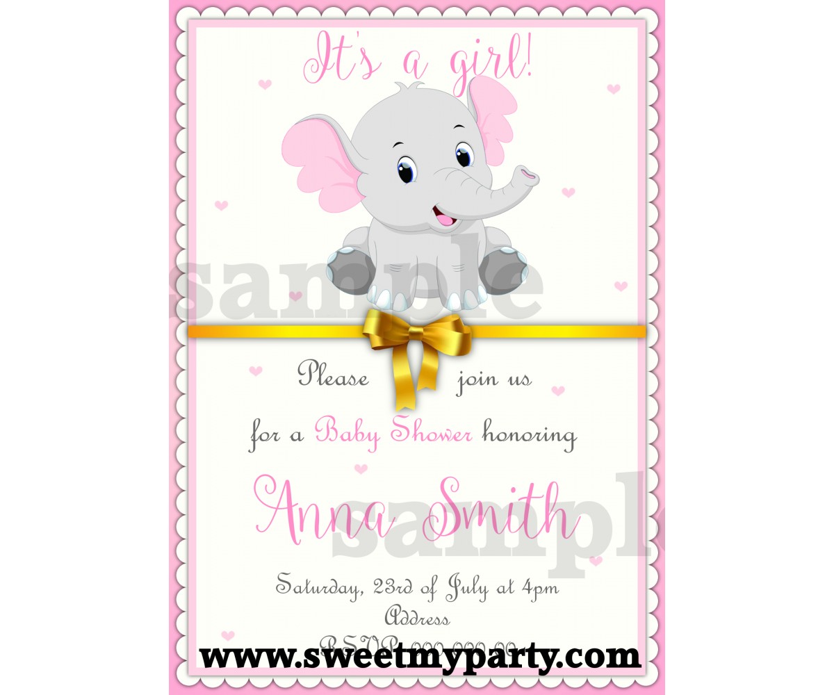 pink and grey elephant baby shower invitations