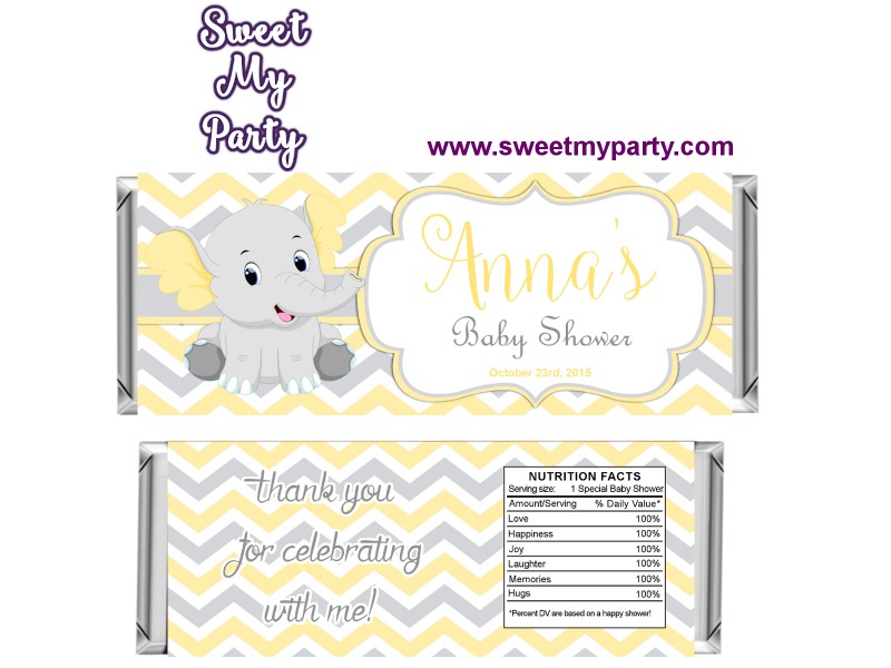 yellow and grey elephant baby shower candy bar wrappers personalized baby shower candy wrappers