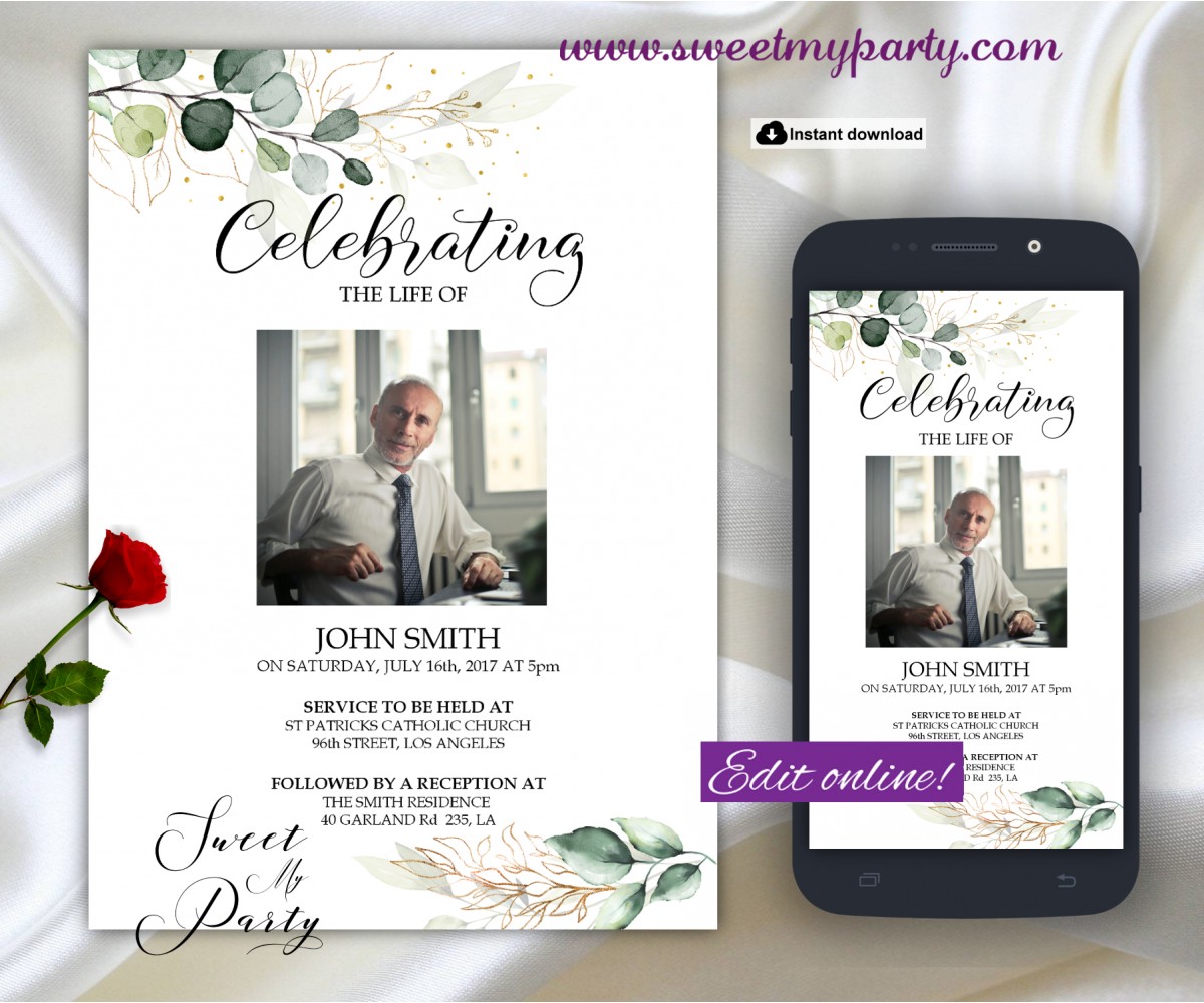 Greenery Funeral invitation template,Greenery Funeral Announcement, (21) Inside Funeral Invitation Card Template