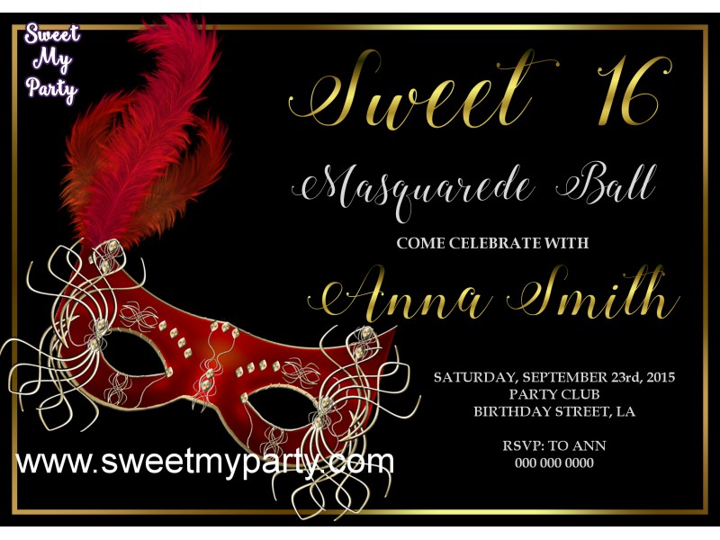 Sweet 16 Masquerade Party Invitation Quinceanera Masquerade Party