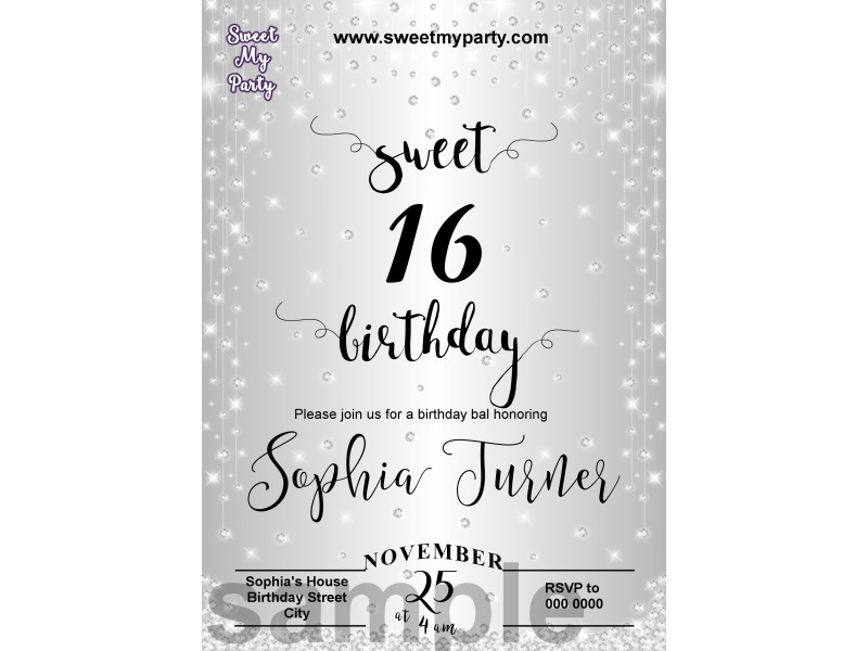 sweet 16 silver diamonds sparkly party invitations silver diamonds