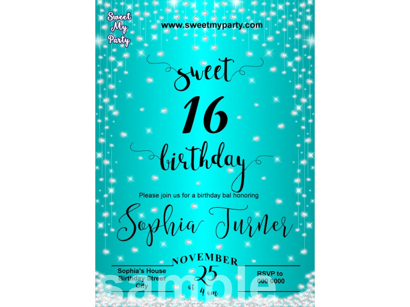 Turquoise Diamonds Sparkly Sweet 16 Party Invitations Turquoise