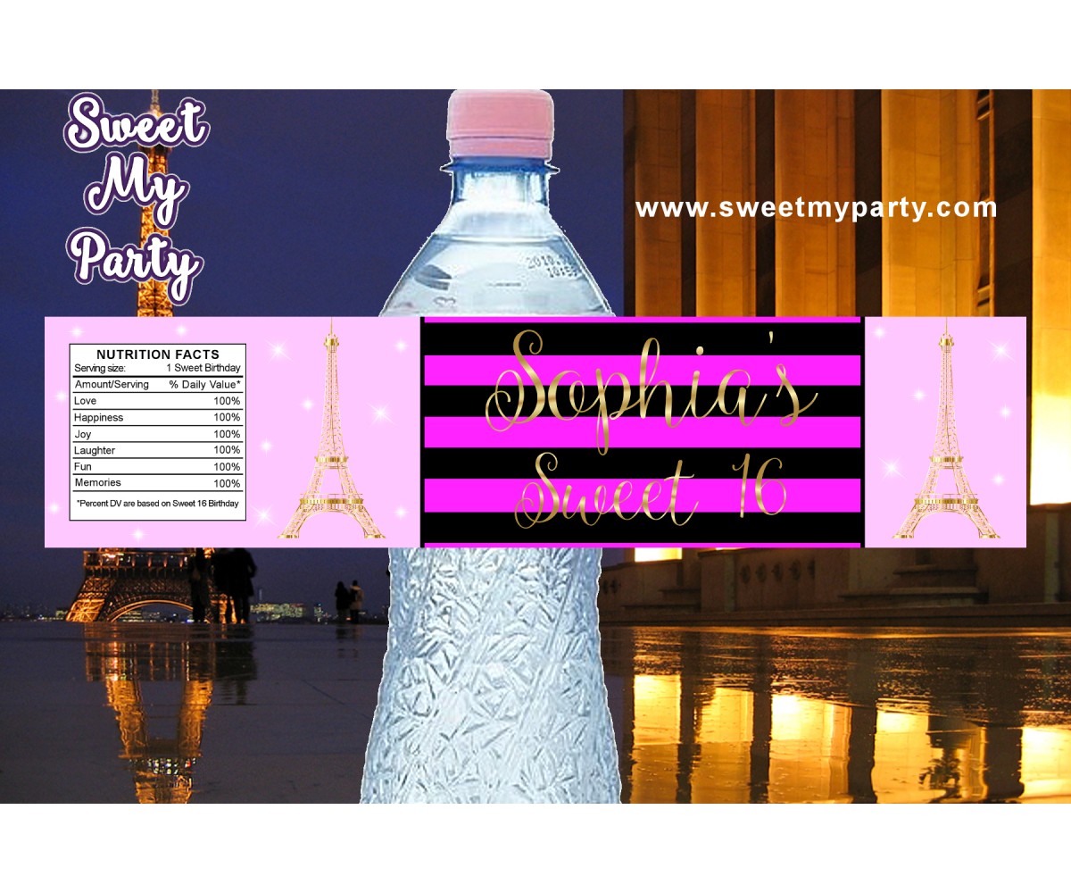 Ooh La La Paris Theme Sweet 16 Water Bottle Labels any Age 