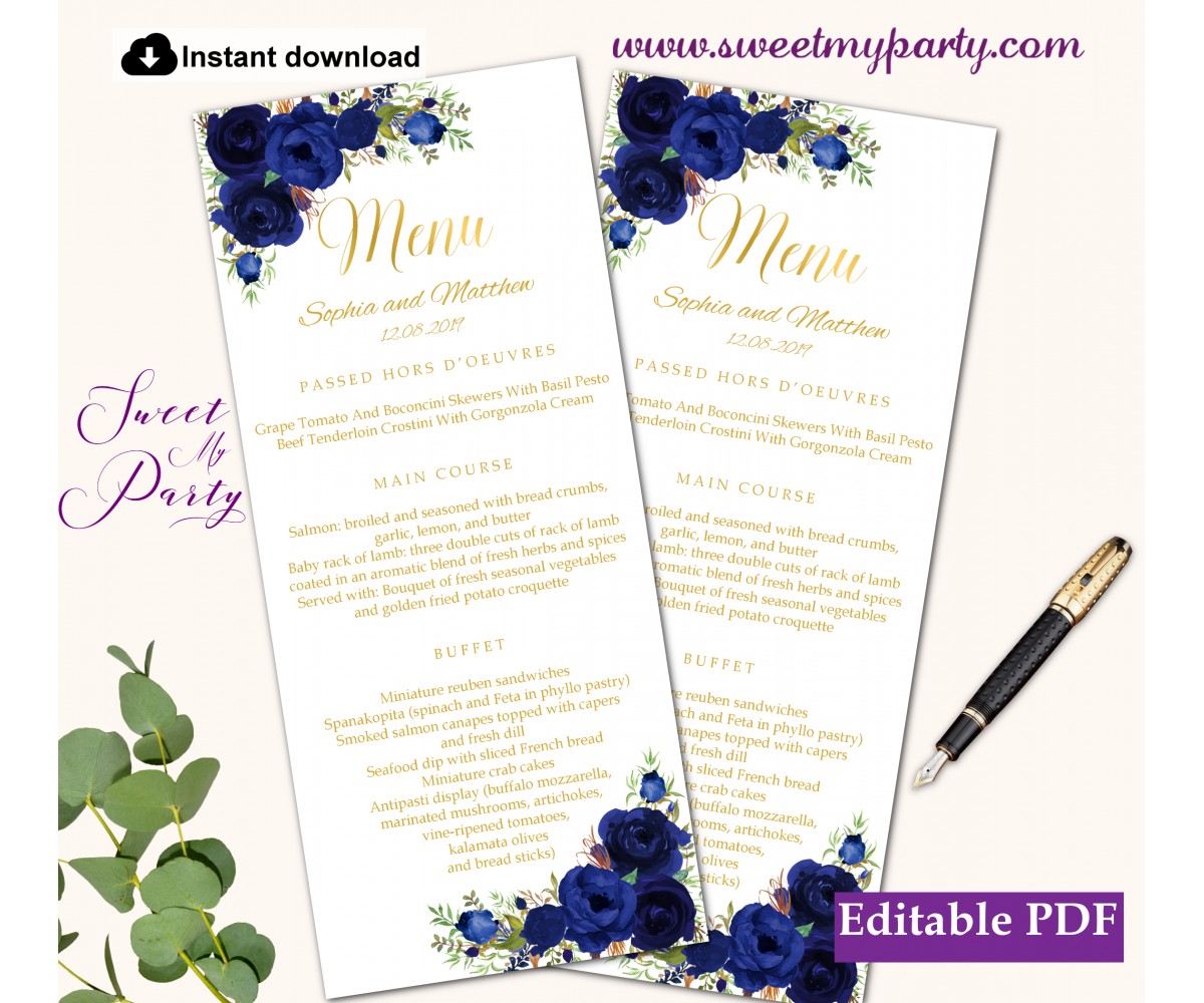 Stunning Royal Blue Rose Personalised Wedding Menu Cards 