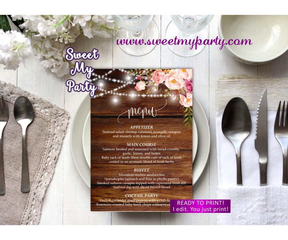 Floral Wedding Menu Editable Instant Download Table Menu Cards Wedding Menu Template SRP-007 Table Decor Printable Bridal Shower Menu