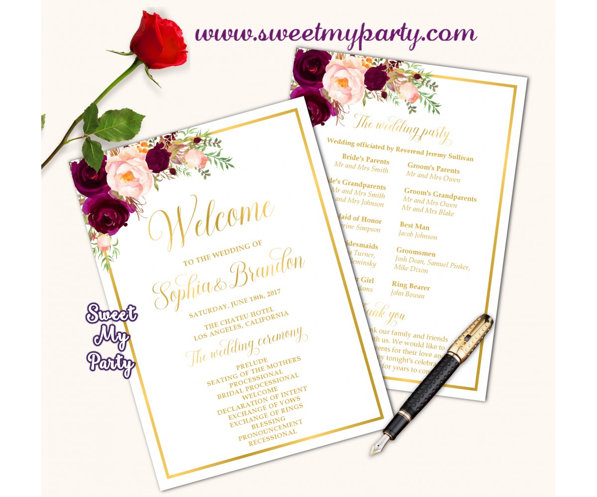 Burgundy Wedding Program Fan Gold Wedding Program Fan Maroon
