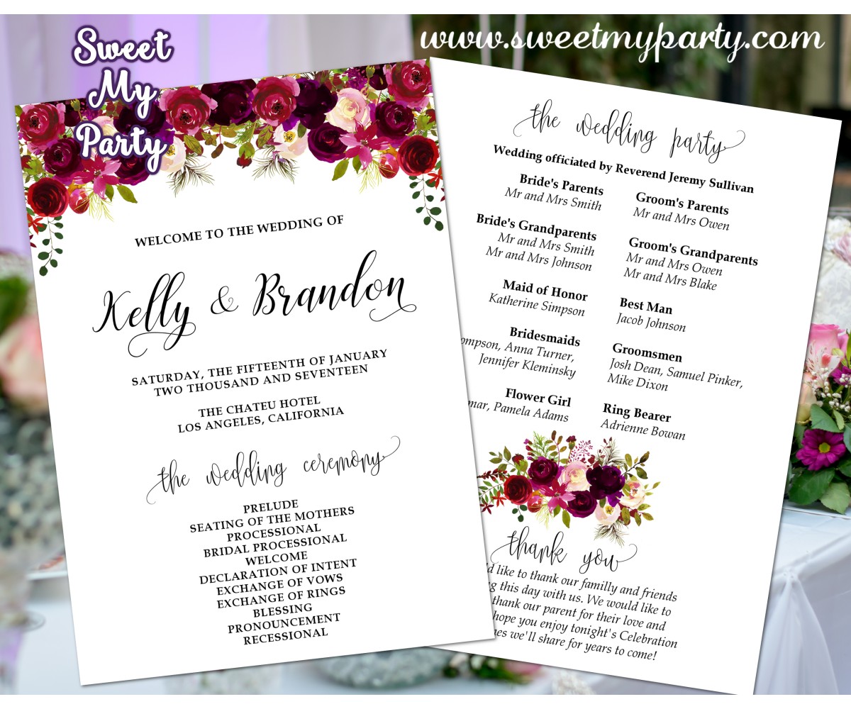 Floral Burgundy Wedding Program Fan Printable Floral Bordo Wedding