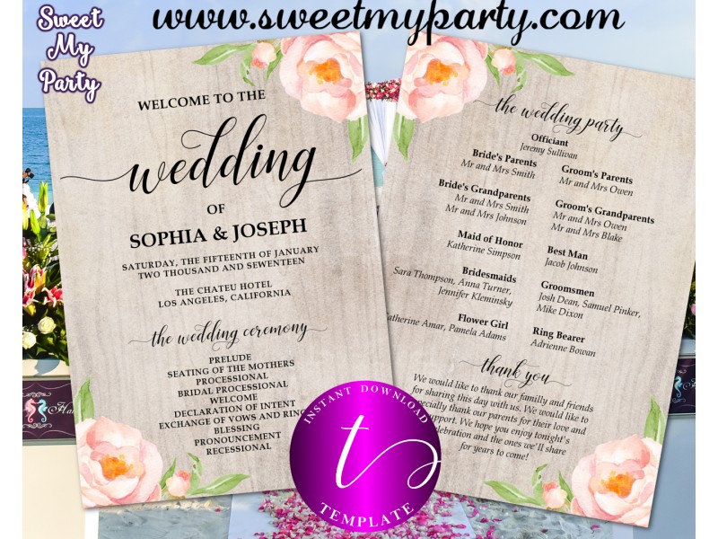 Fl Wedding Program Fan Template Printable Boho Fl Wedding Program Fan Template Itinerary 38w