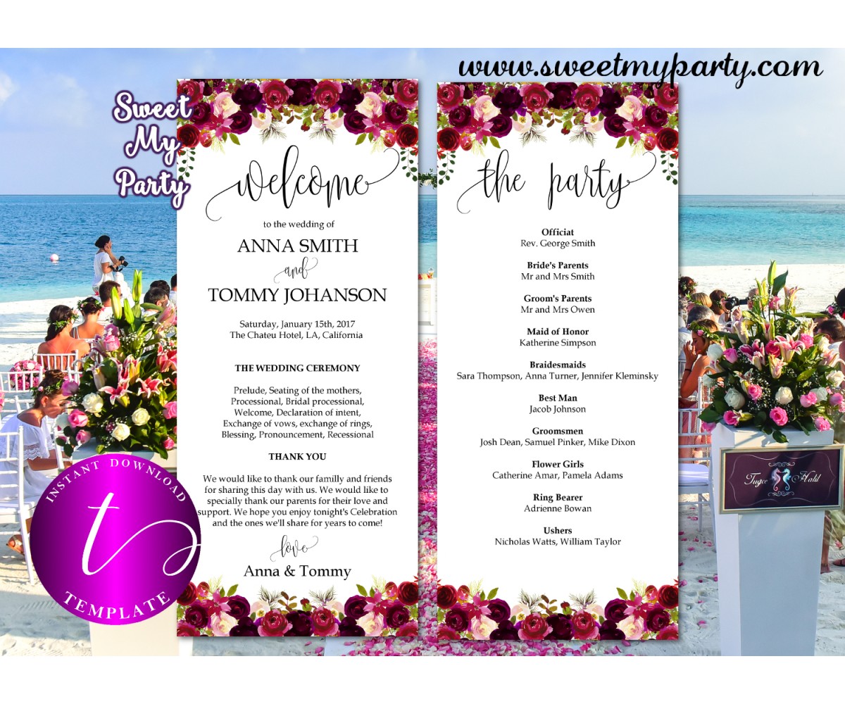 Floral Burgundy Wedding Program Template Printable Tea Length