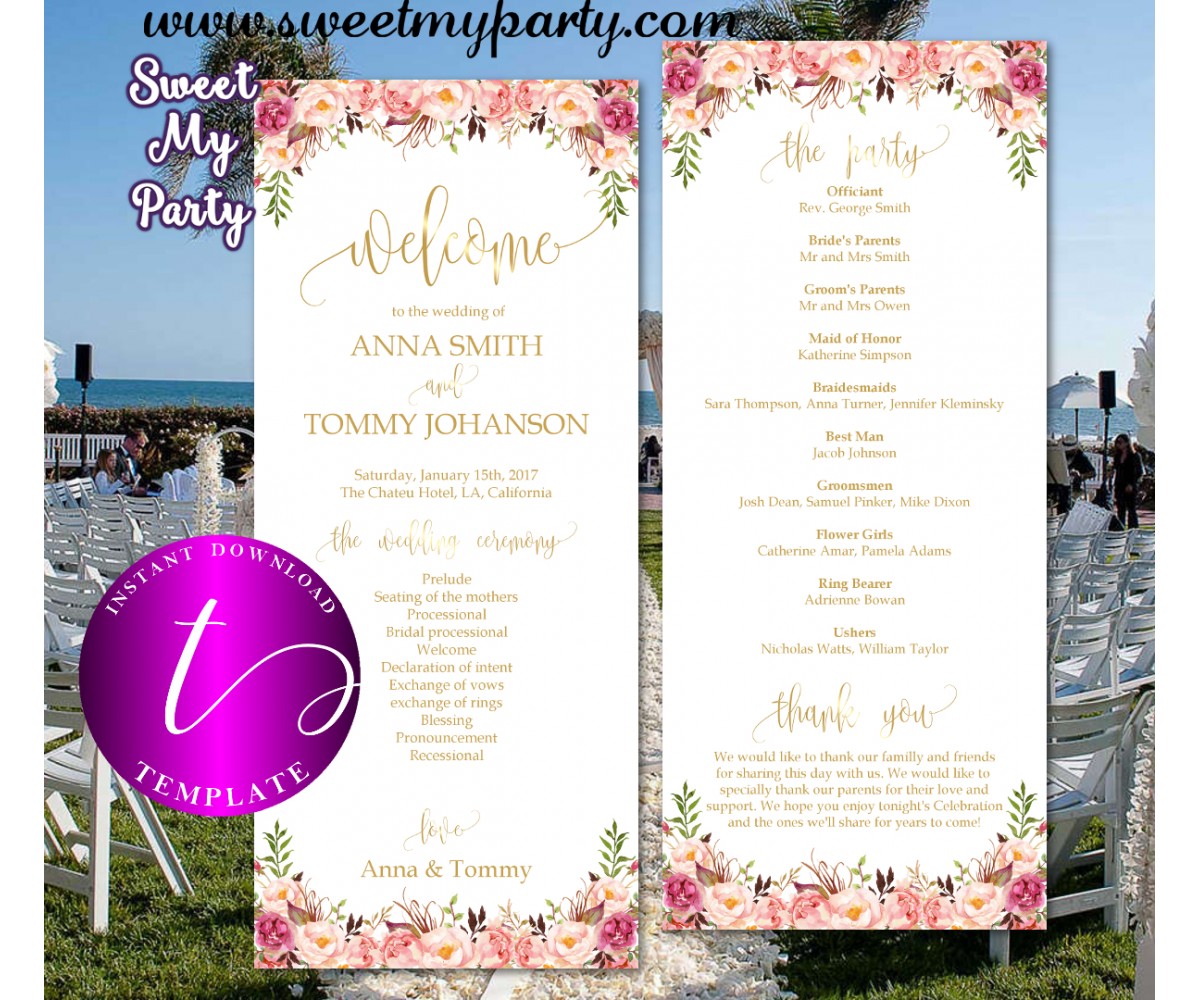 Floral Wedding Program Template Printable Tea Length Gold Wedding