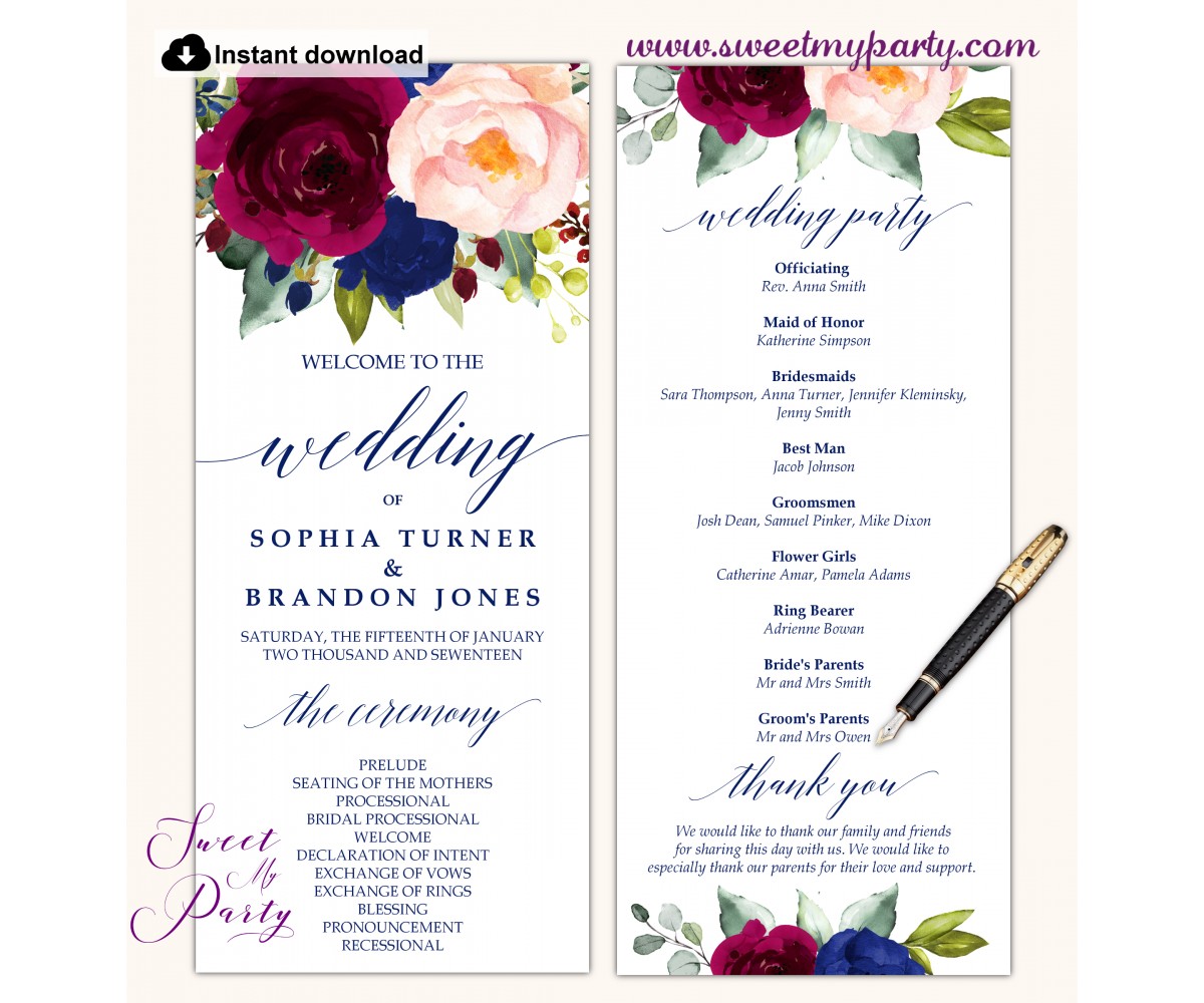 Navy Burgundy Blush Wedding Program Navy Burgundy Wedding Program