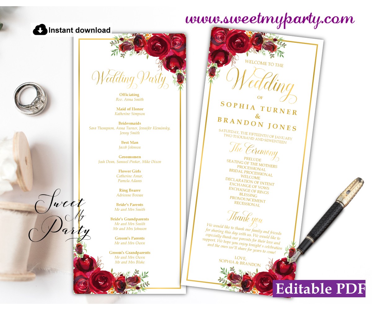 Red Roses Wedding Program Template Printable Red Roses Program