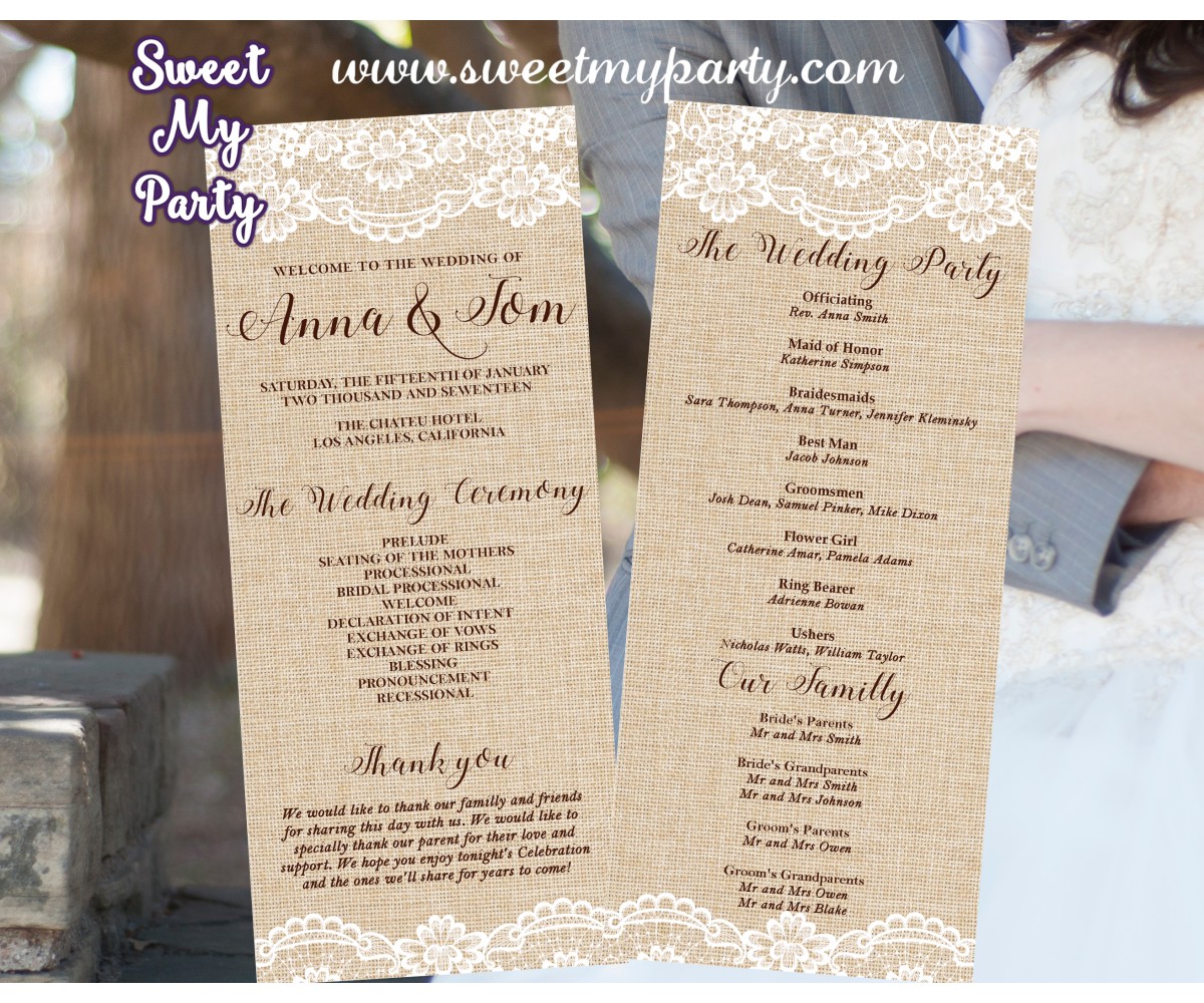 Rustic Wedding Program Lace Burlap Wedding Program Country Wedding