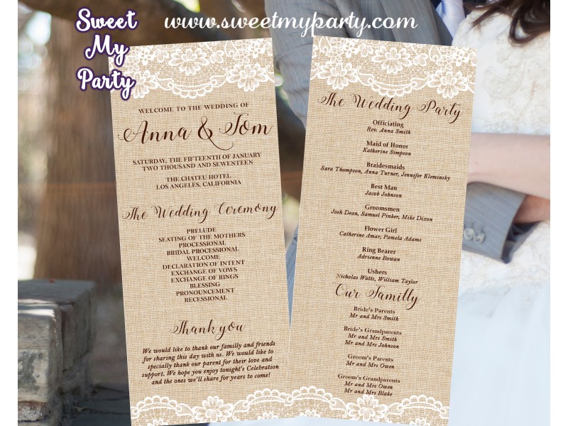 Rustic Wedding Program Lace Burlap Country Rustic Wedding Program Card Tea Length Lace Burlap 029w