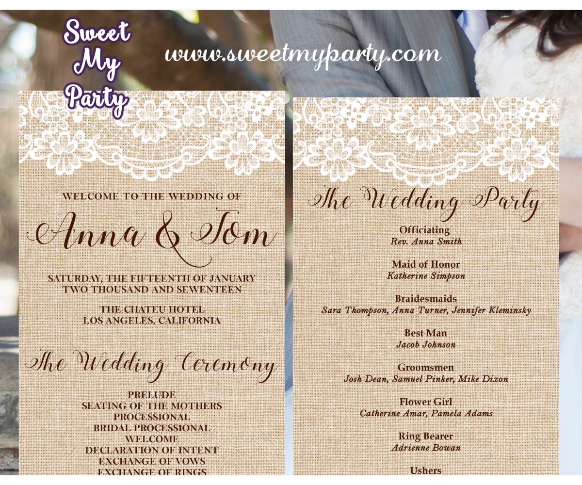 Rustic Wedding Program Lace Burlap Wedding Program Country Wedding