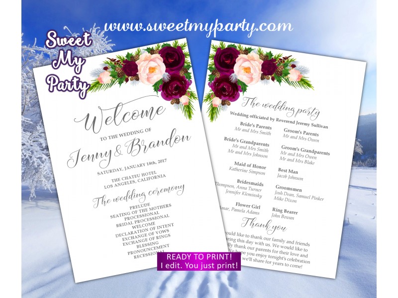winter wedding program fan pine cone wedding program fan burgundy