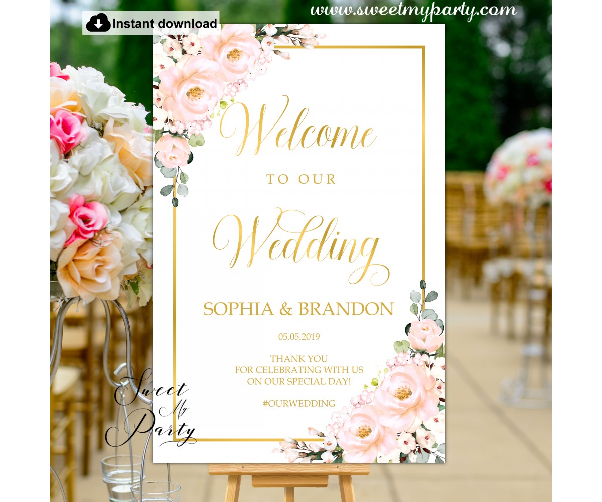Canva Light Pink Editable Welcome Sign Template Blush Pink Wedding Welcome Sign Instant Download N06