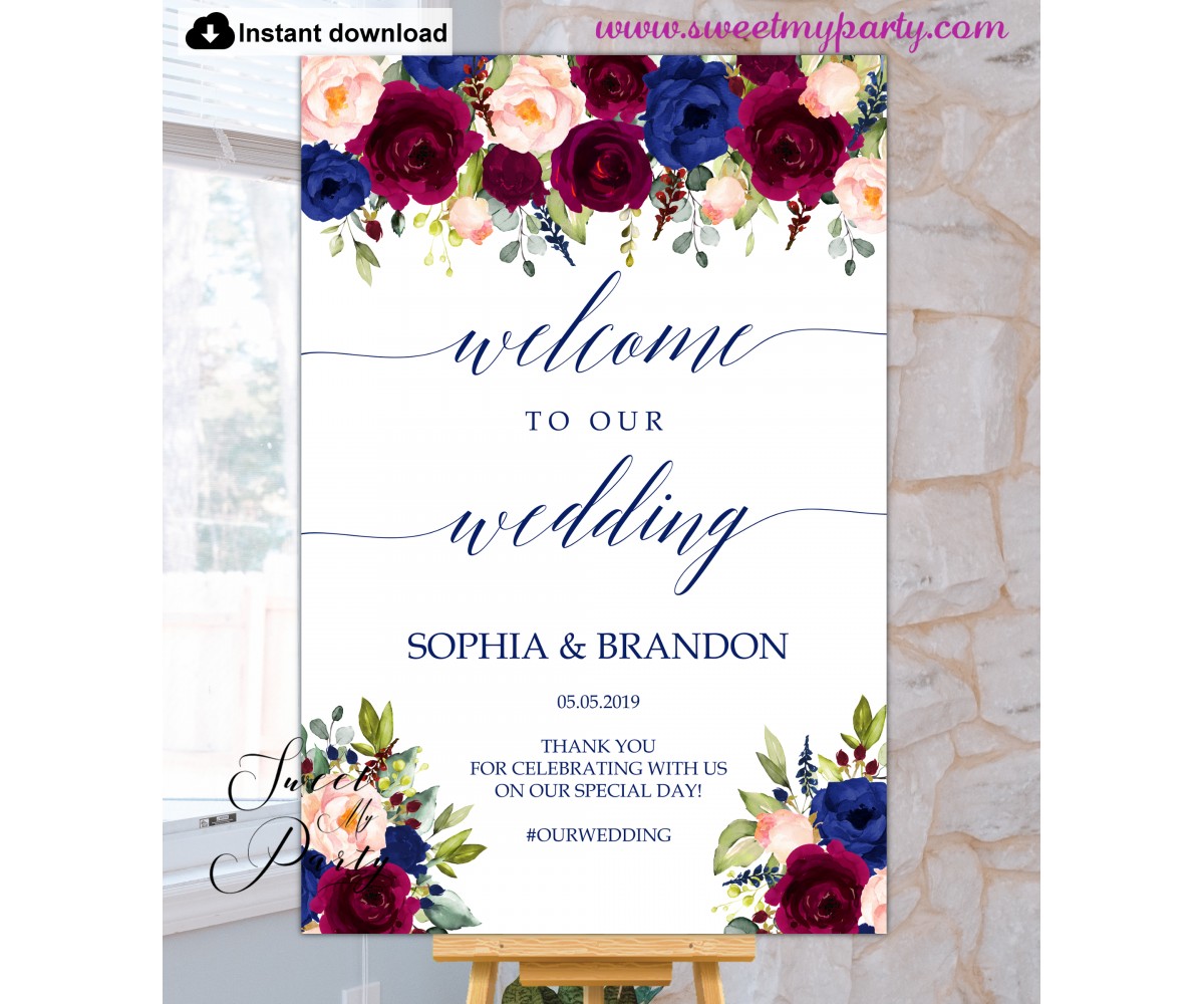 Welcome Wedding Sign Blush Navy Welcome To Our Wedding Sign Welcome Wedding Sign Burgundy W474