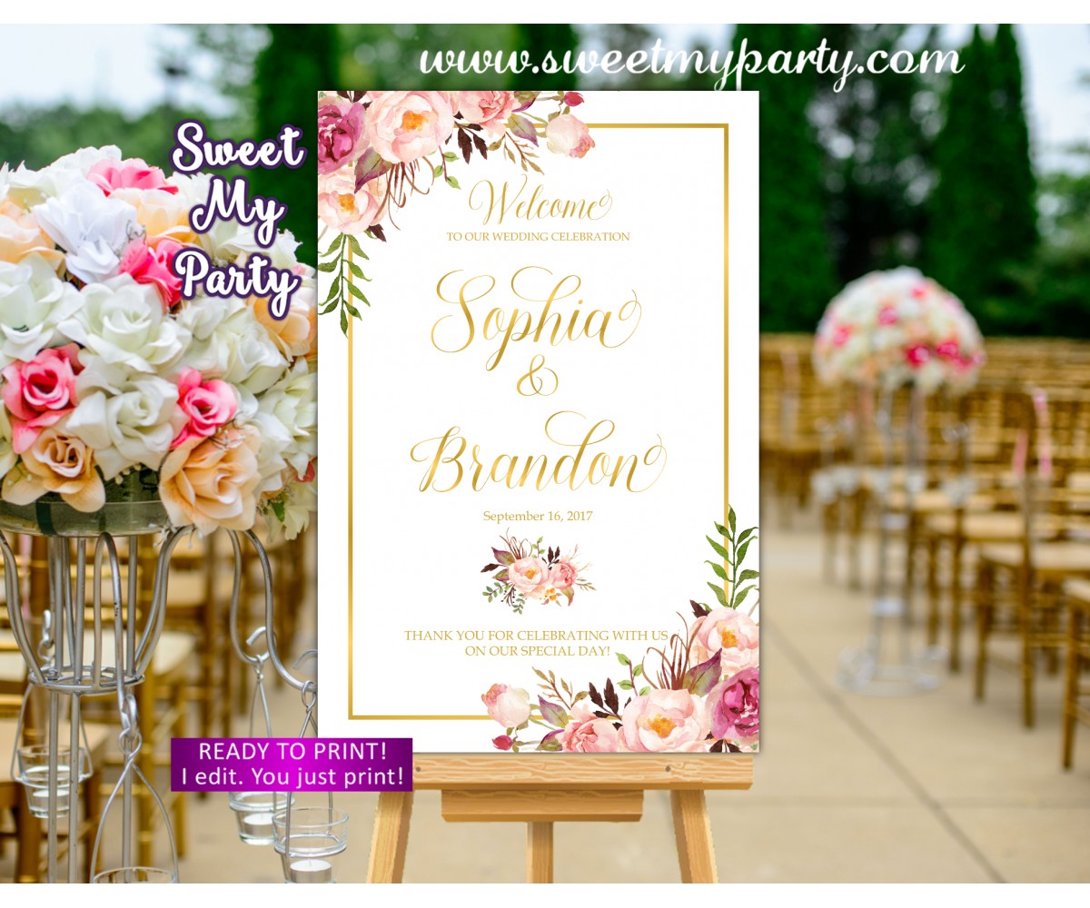 Happily Ever After Sign Marsala Floral DIY Printable Personalized Burgundy Floral Wedding Welcome Sign