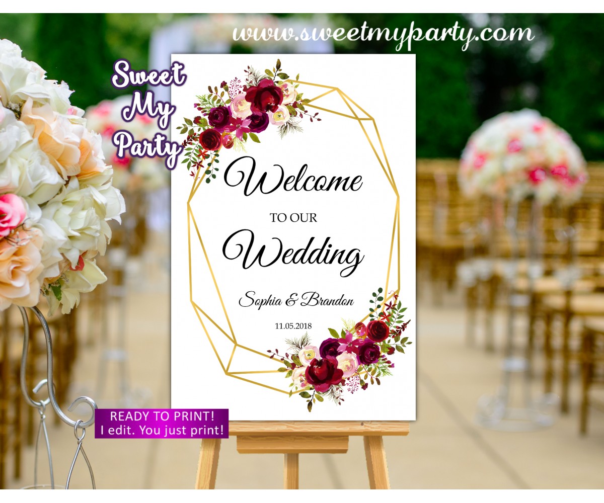 Navy Rose Gold Marsala Geometric Welcome Wedding Sign Welcome To Our Wedding Sign Landscape W1155 Rustic Navy Wedding Welcome Sign