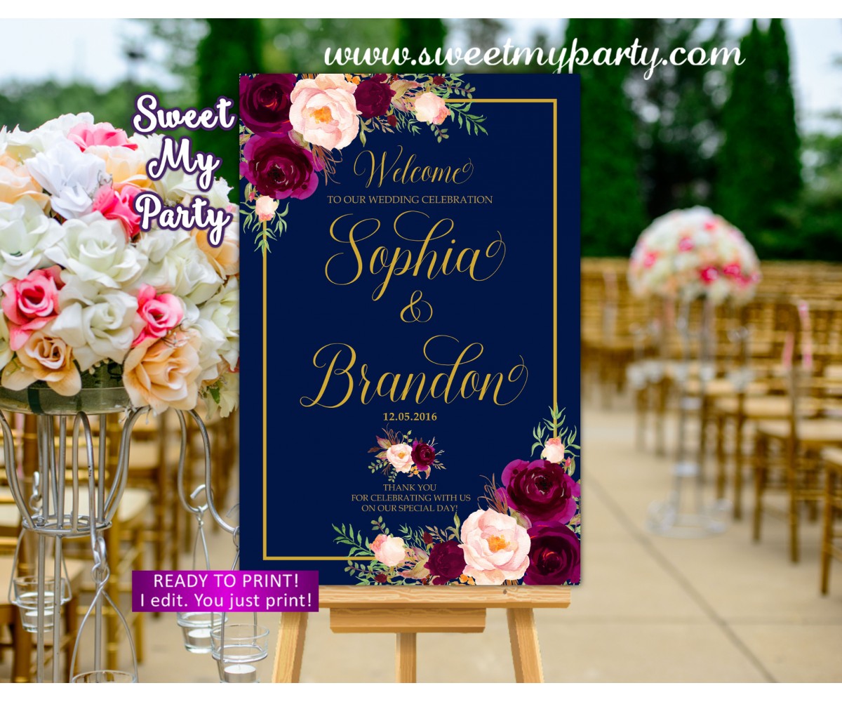  Burgundy and Navy Wedding Welcome Sign Printable