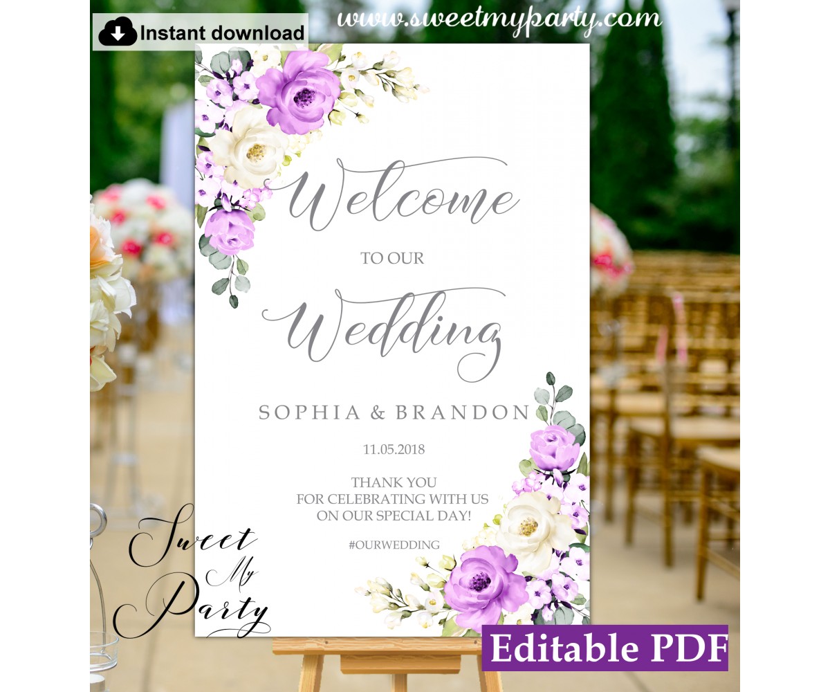 purple ivory welcome sign template floral welcome sign template 144 purple template