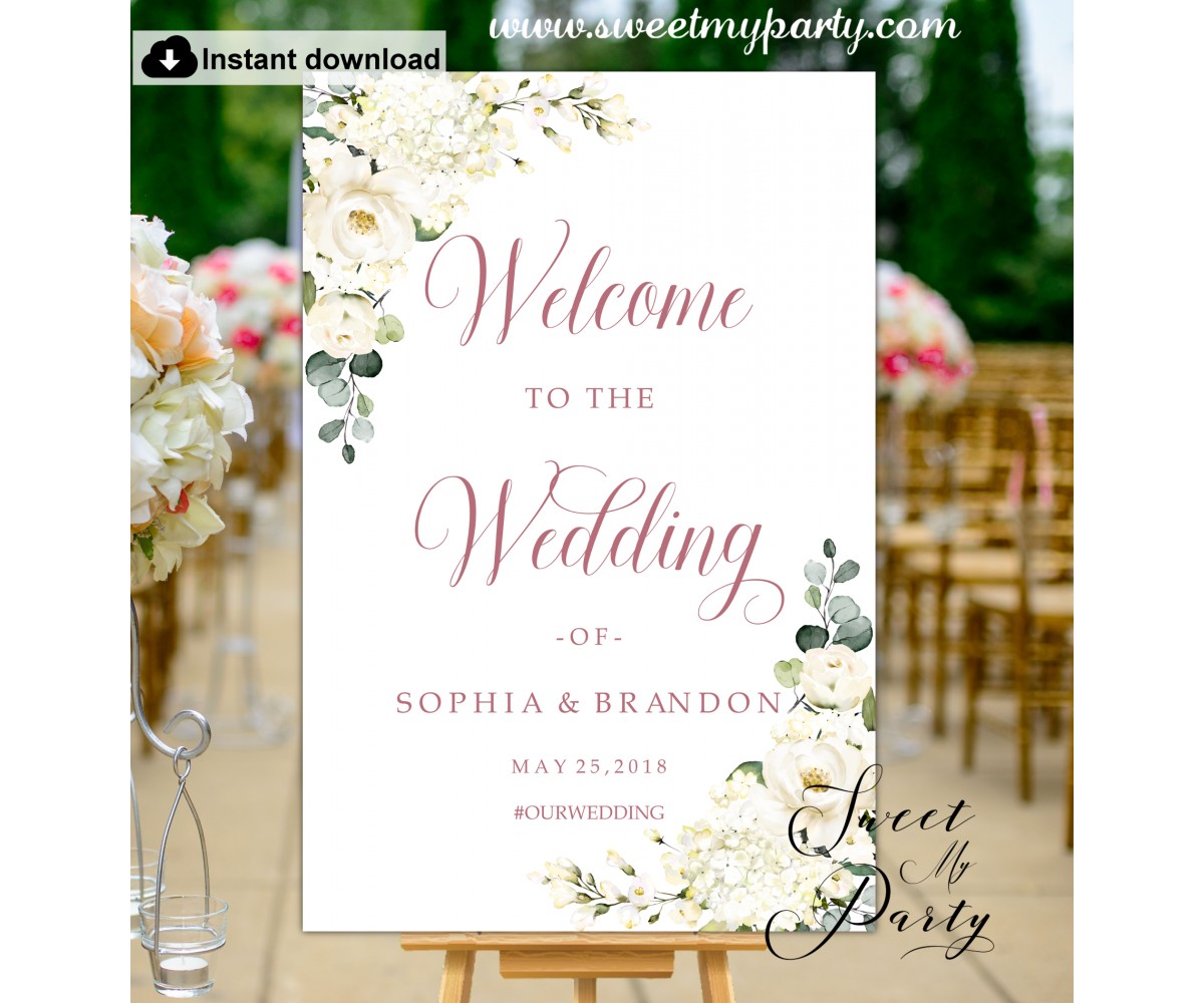 Navy Blue Blush Rose Gold Welcome To Our Wedding Personalised Wedding Sign 