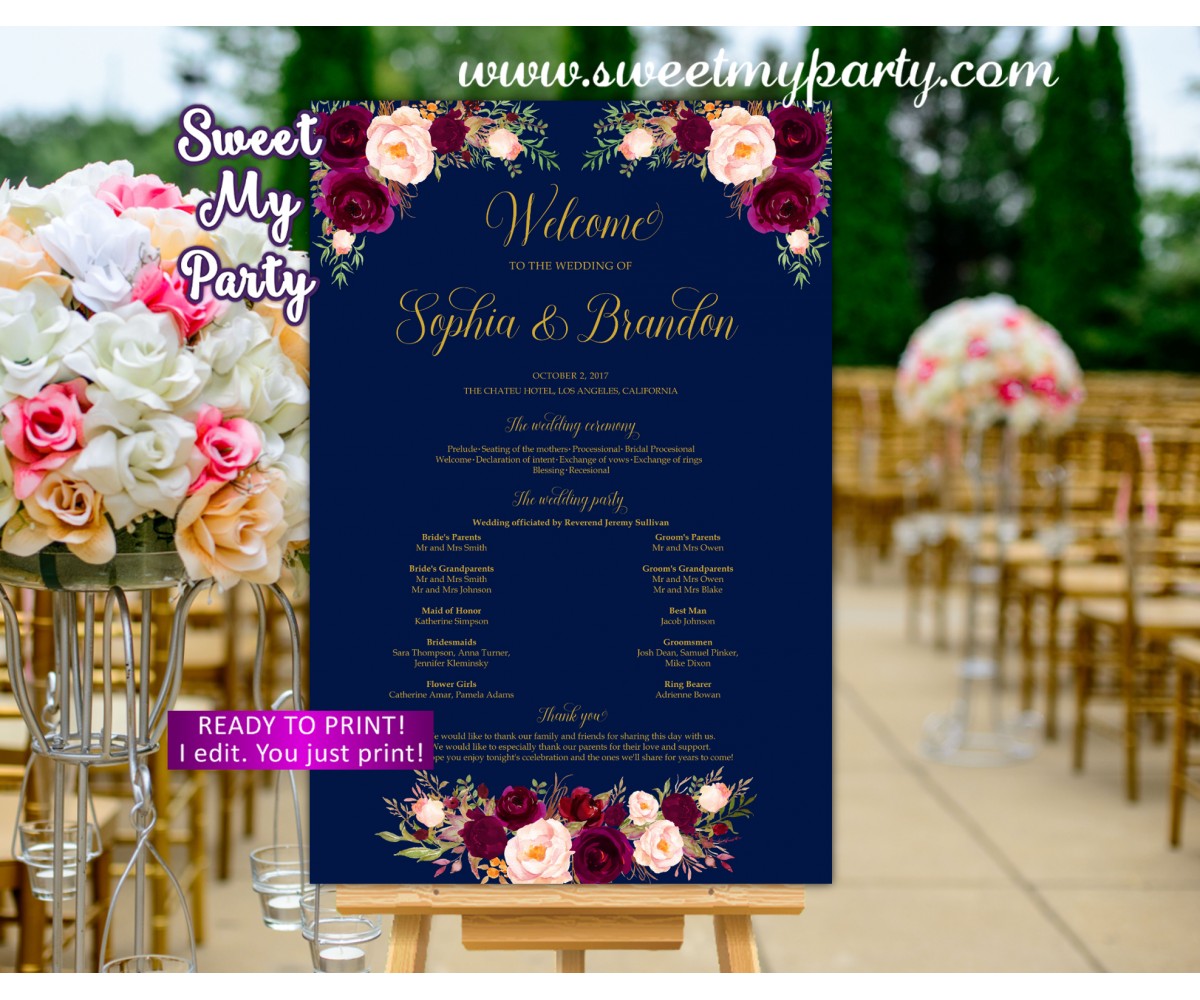 Burgundy Welcome Sign Printable Navy Marsala Welcome Sign With