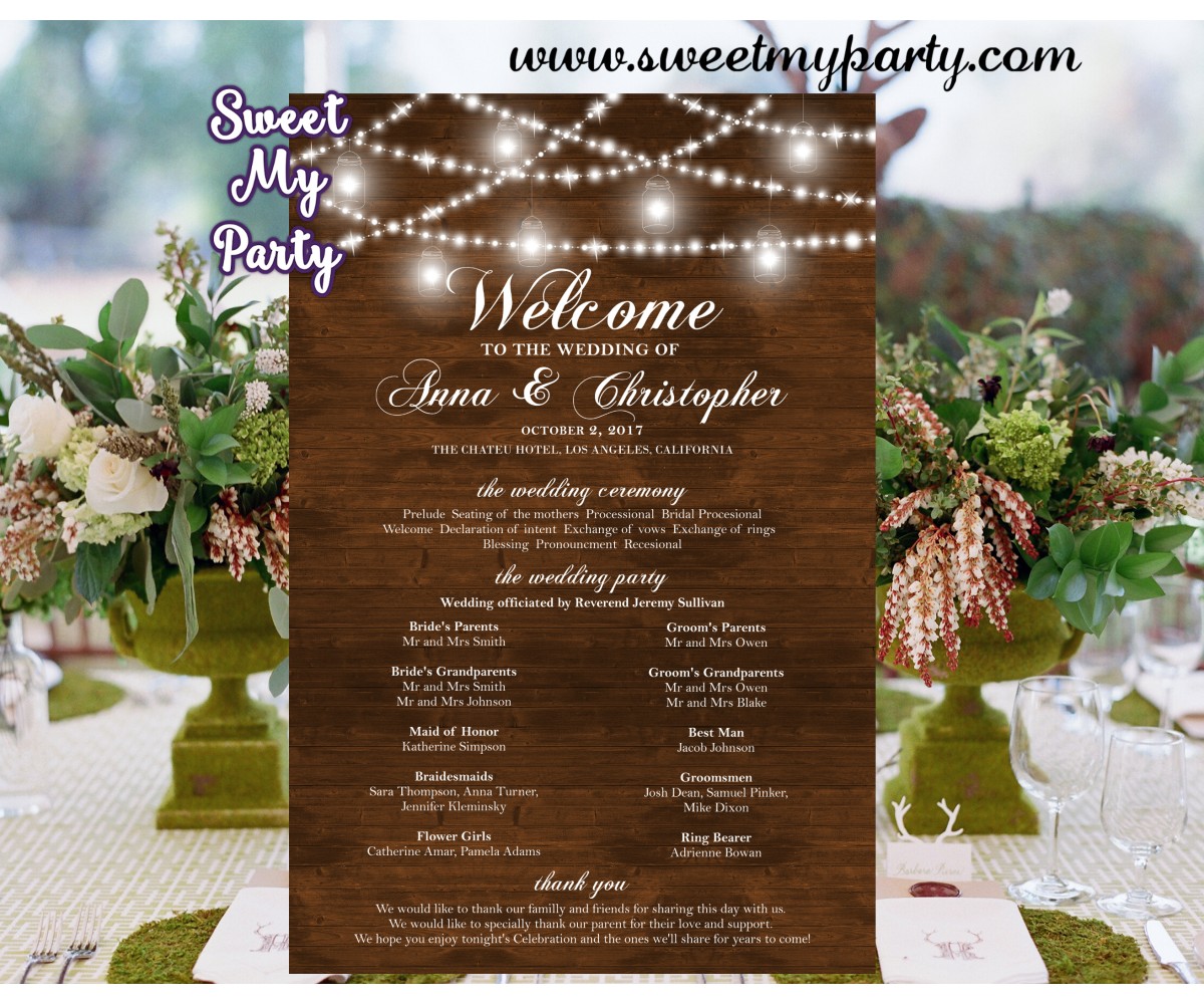 Rustic Wedding Welcome Sign With Program Mason Jar Wood Wedding